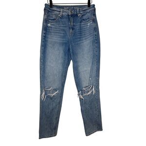 American Eagle Mom Jean Mid Wash‎ High Rise Distressed Denim Size 4